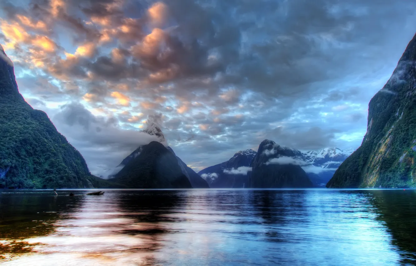 Фото обои море, облака, горы, красота, Новая Зеландия, простор, sea, mountains