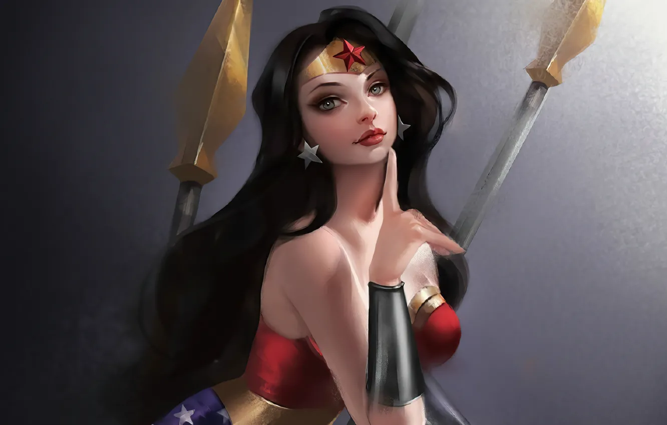 Фото обои Wonder Woman, жест, длинные волосы, комиксы, красивая девушка, персонаж, марвел, Digital Art