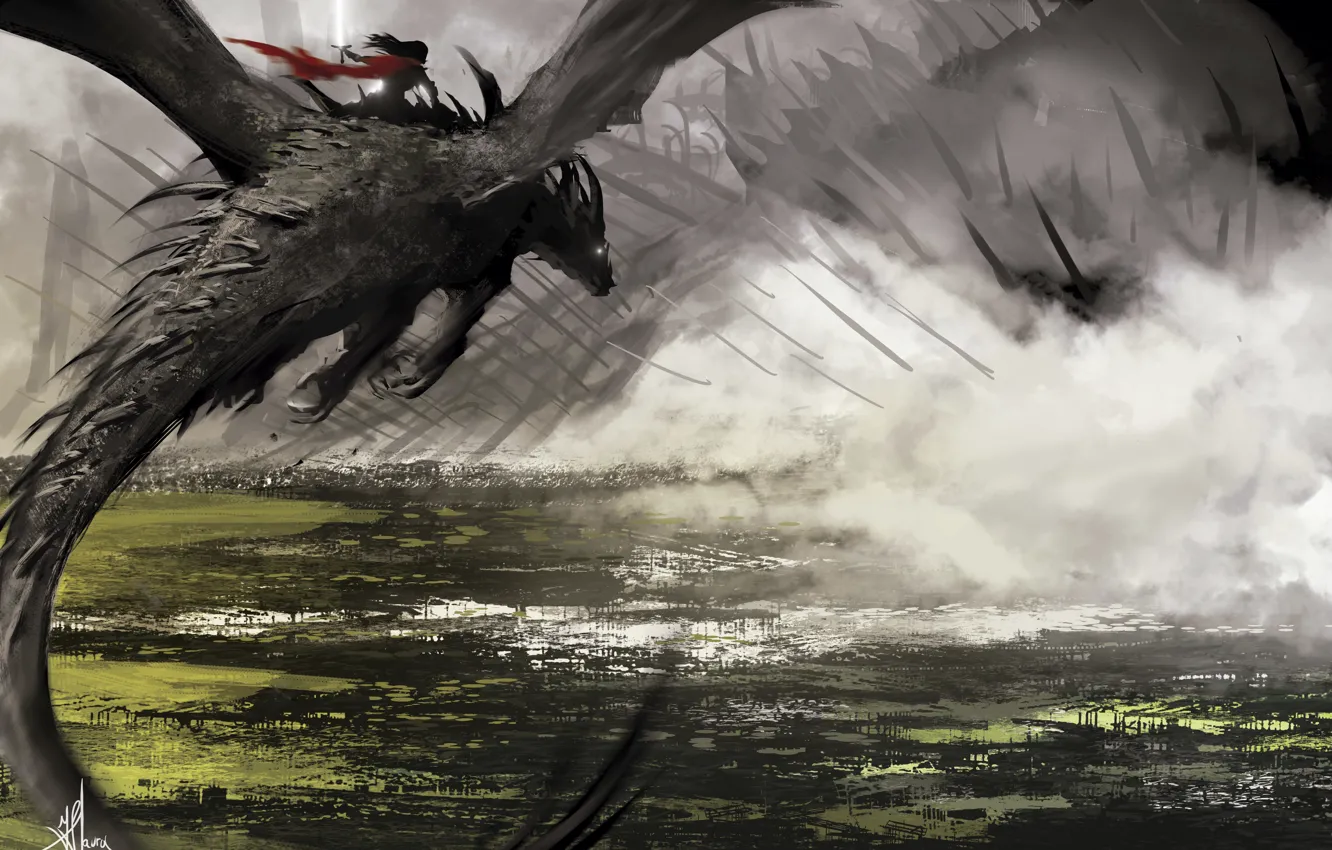 Фото обои девушка, полет, туман, фантастика, дракон, дым, человек, арт