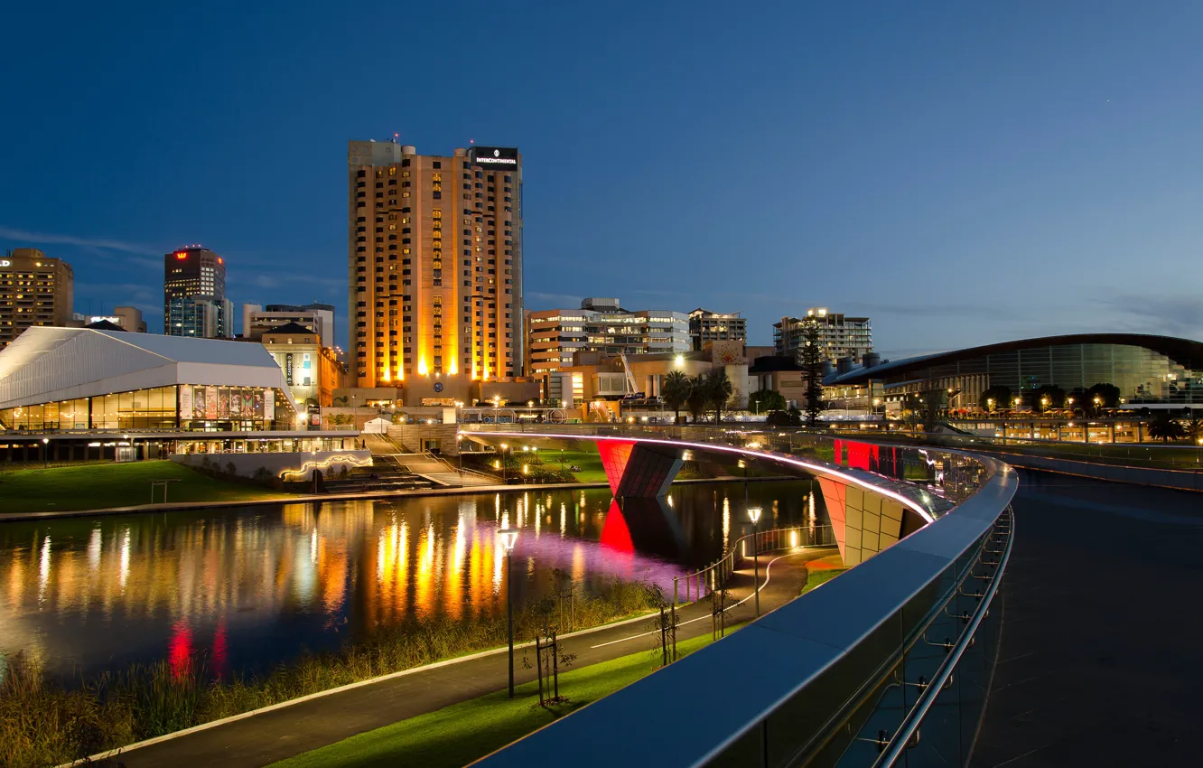 Фото обои мост, огни, река, здания, дома, вечер, Австралия, Adelaide