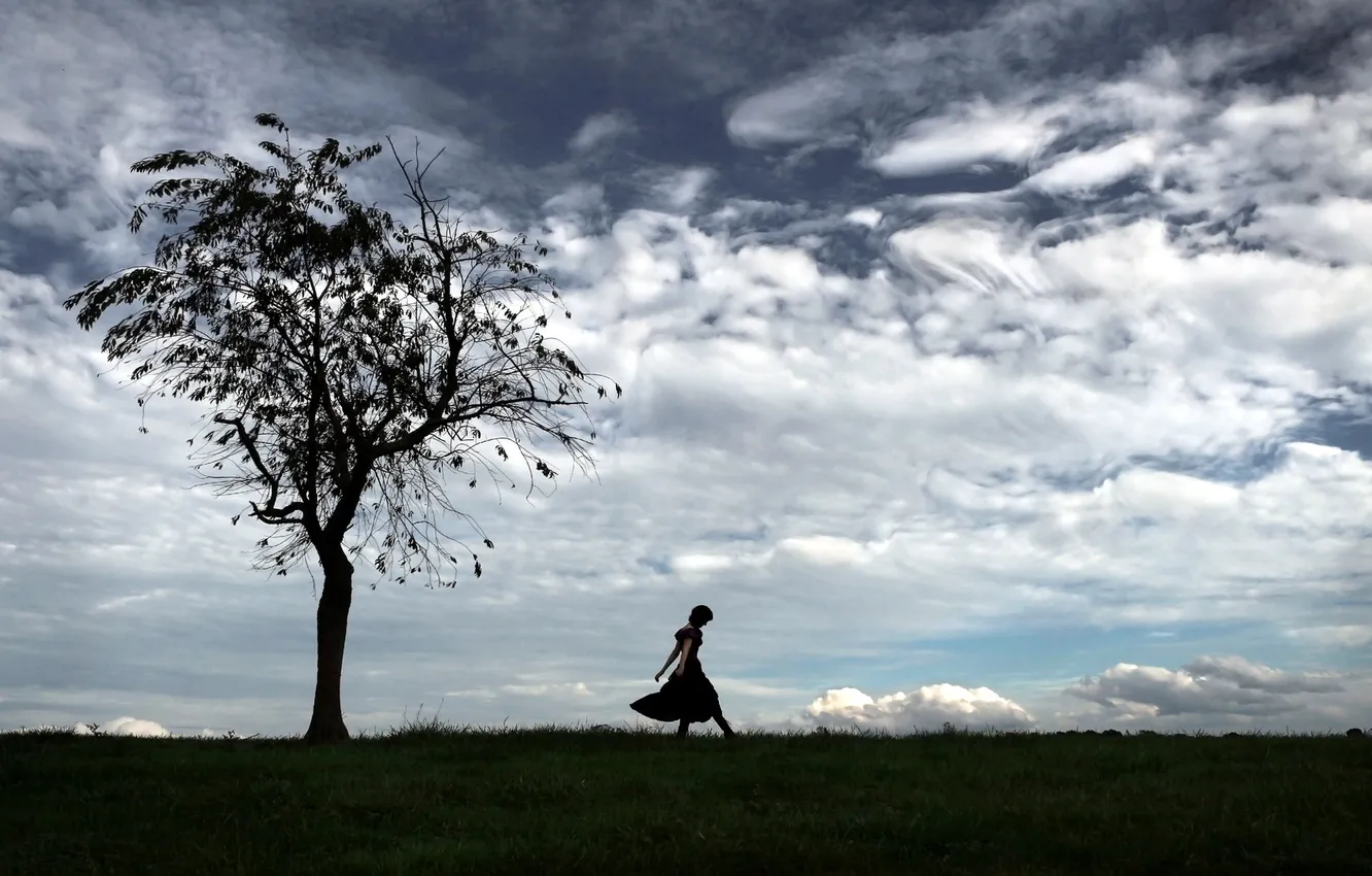 Фото обои поле, небо, девушка, дерево