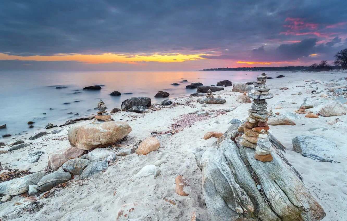 Фото обои море, закат, камни