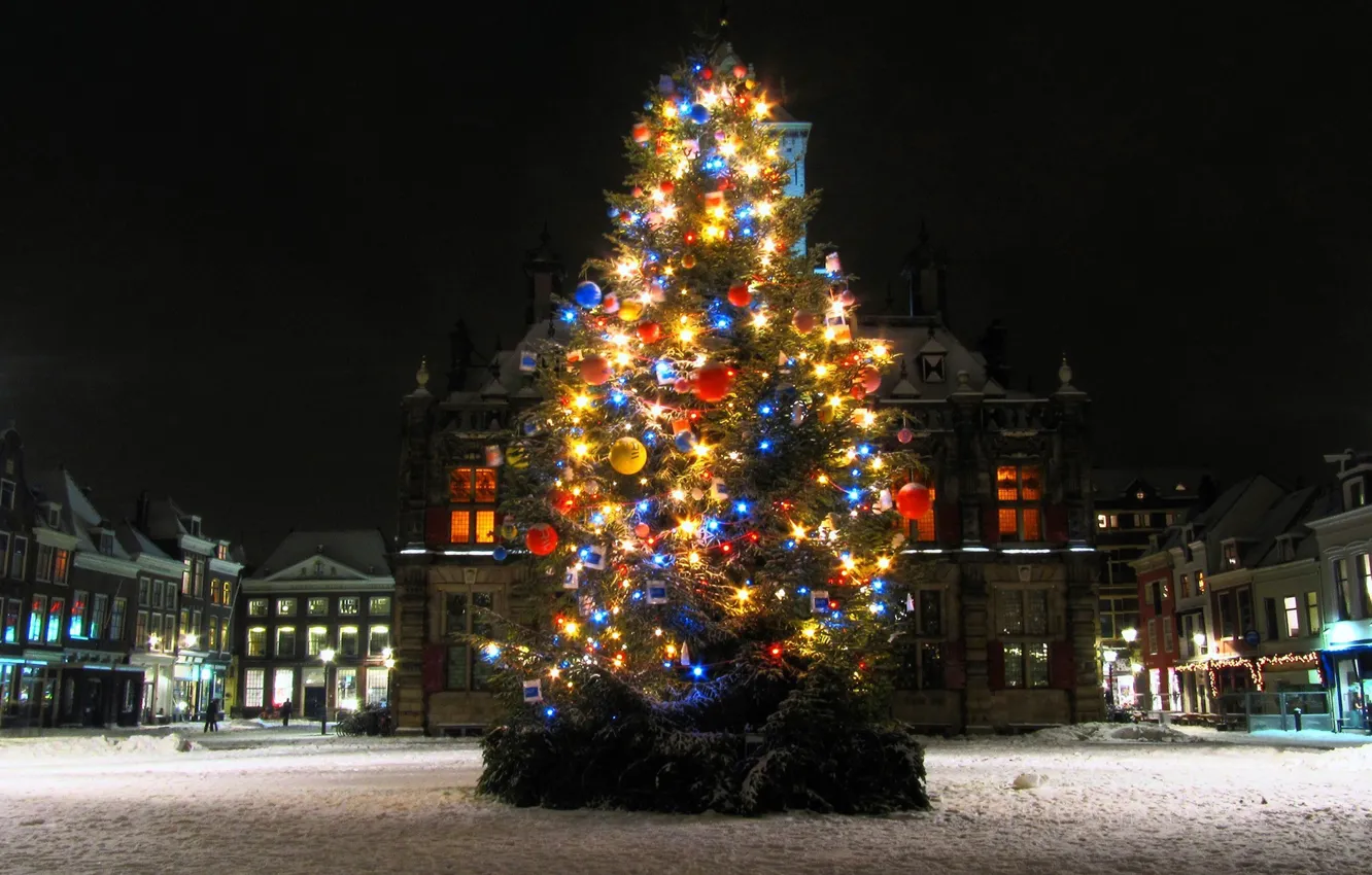 Фото обои lights, holidays, Christmas, square, night, winter, snow, tree