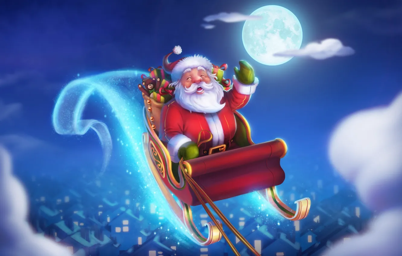 Фото обои Зима, Ночь, Рисунок, Луна, Рождество, Праздник, Санта Клаус, Арт