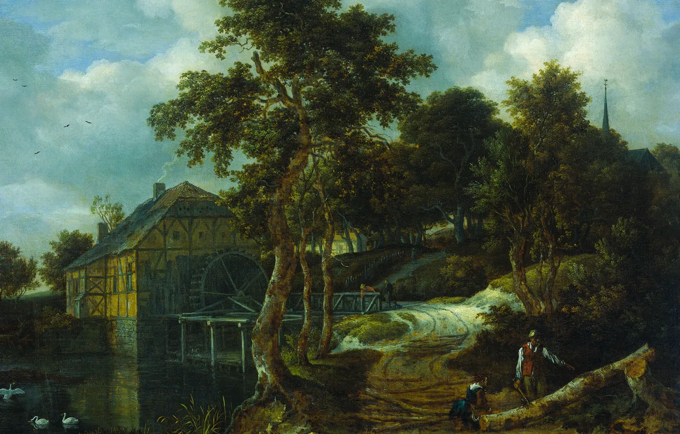 Фото обои масло, картина, холст, Якоб ван Рёйсдал, Пейзаж с Водяной Мельницей