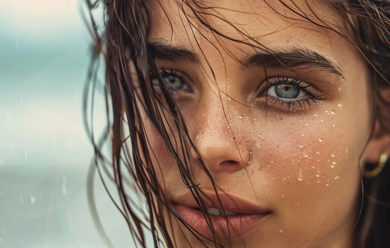 Фото обои взгляд, вода, девушка, капли, брызги, крупный план, лицо, портрет
