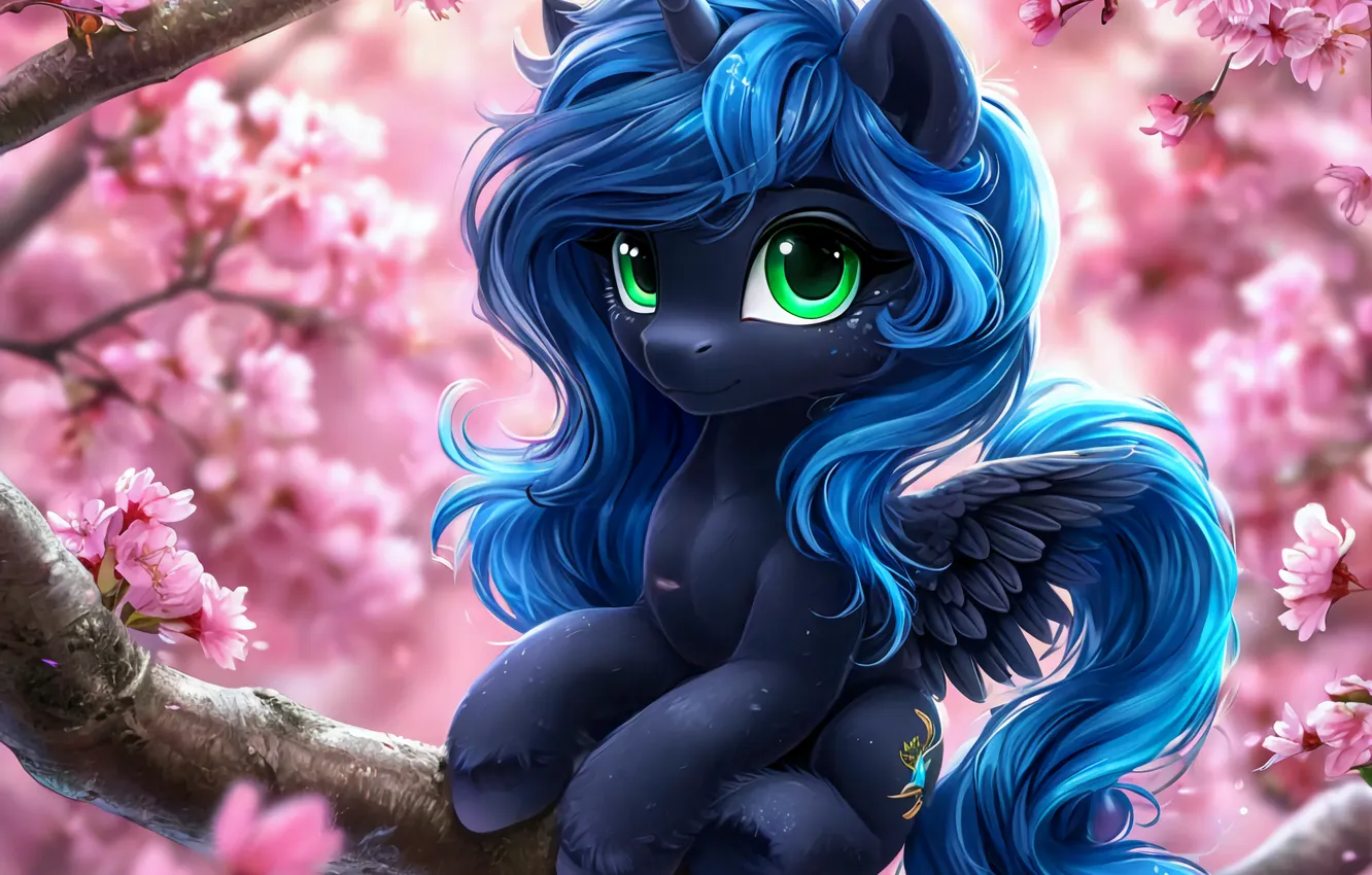 Фото обои Цветы, Сакура, Луна, Пони, Принцесса Луна, My little Pony, ИИ арт, Поняши