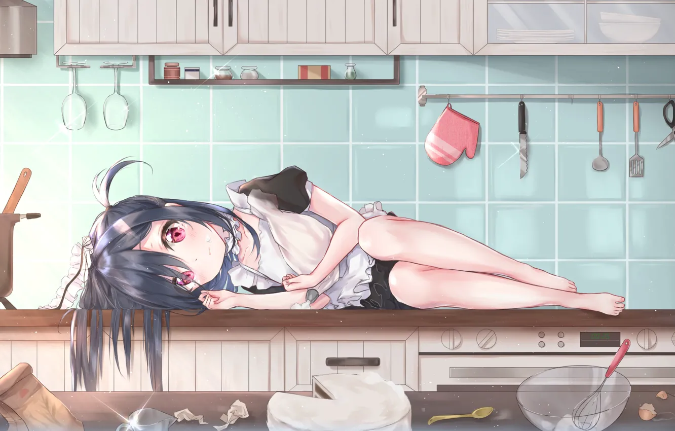 Фото обои кухня, девочка, лежит