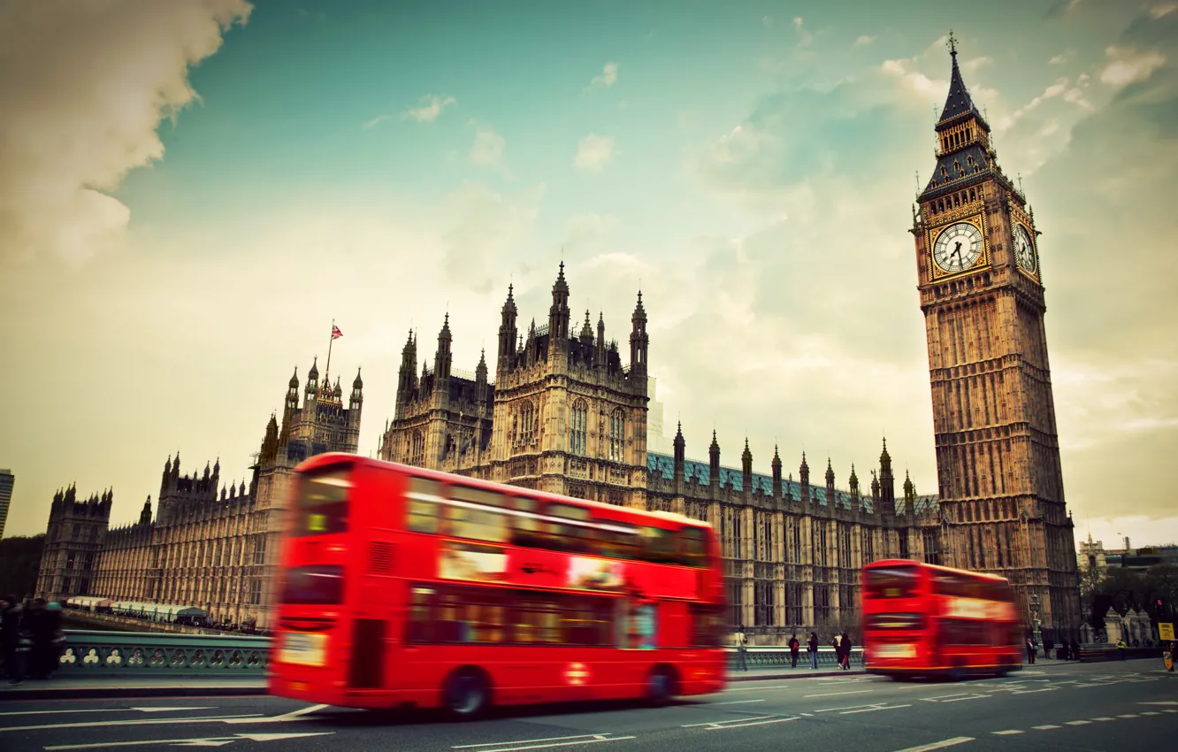 Фото обои Англия, Лондон, London, England, Big Ben, Westminster Abbey, red bus