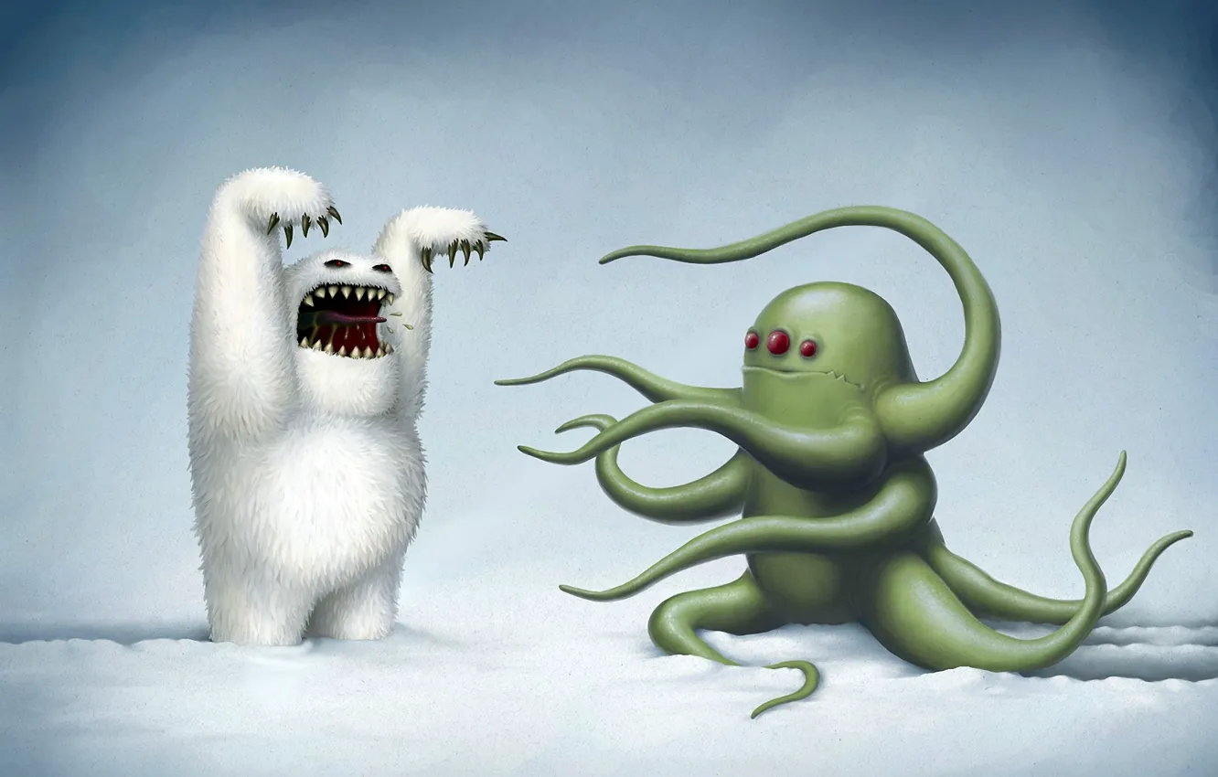 Фото обои зима, снег, рисунок, осьминог, монстры, йети, rob sheridan, черный юмор