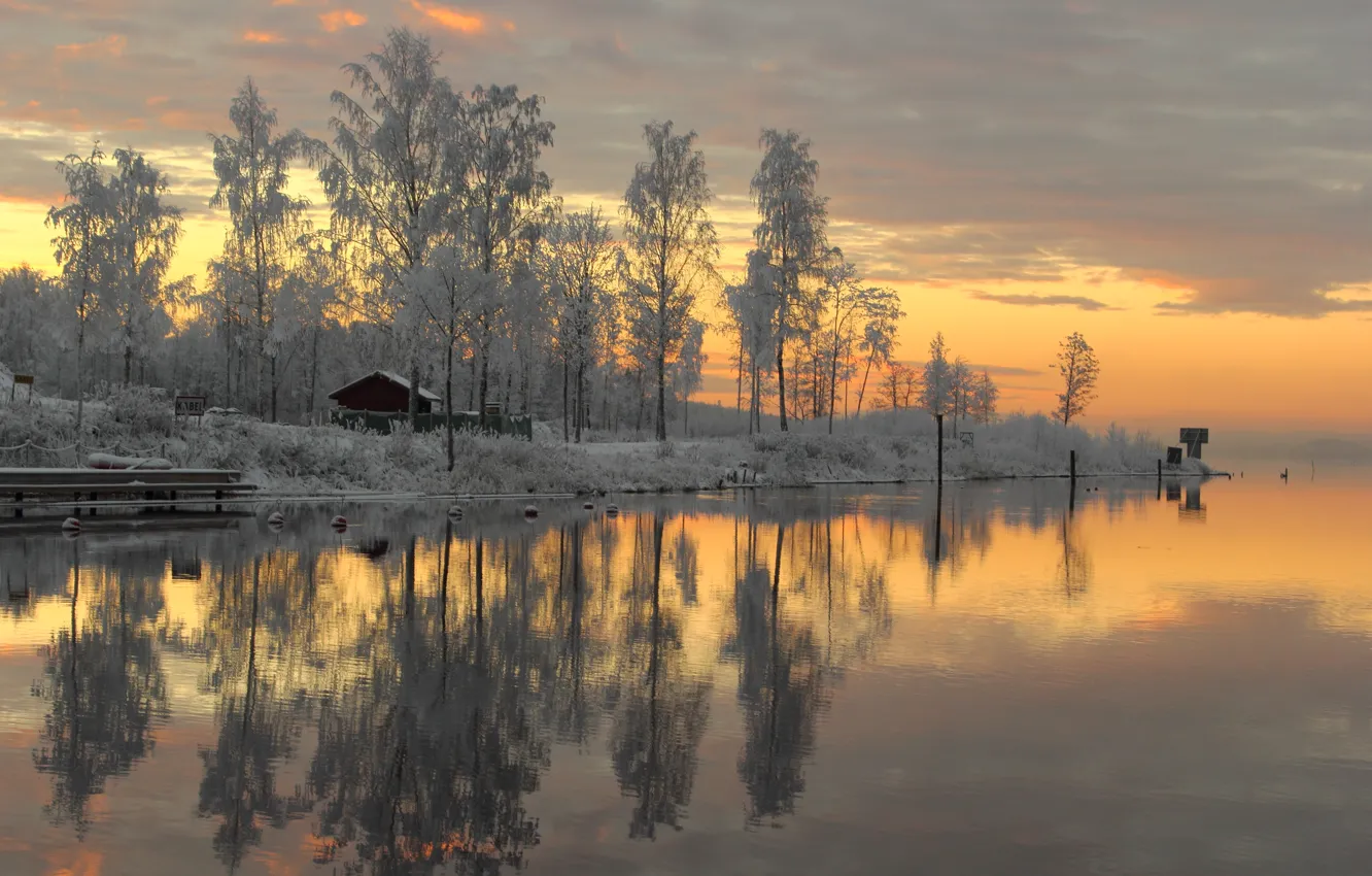 Фото обои Sweden, sunset, winter