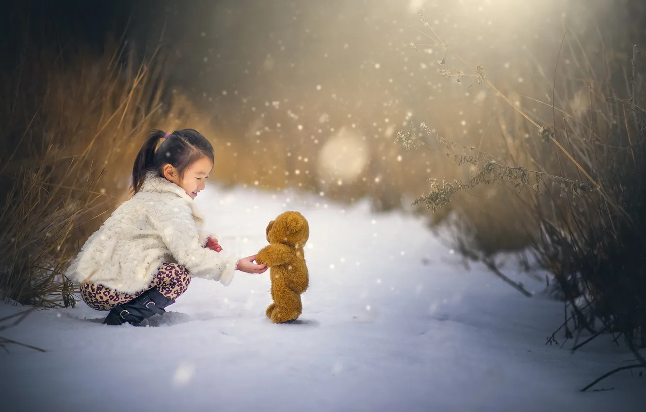 Фото обои снег, мишка, девочка