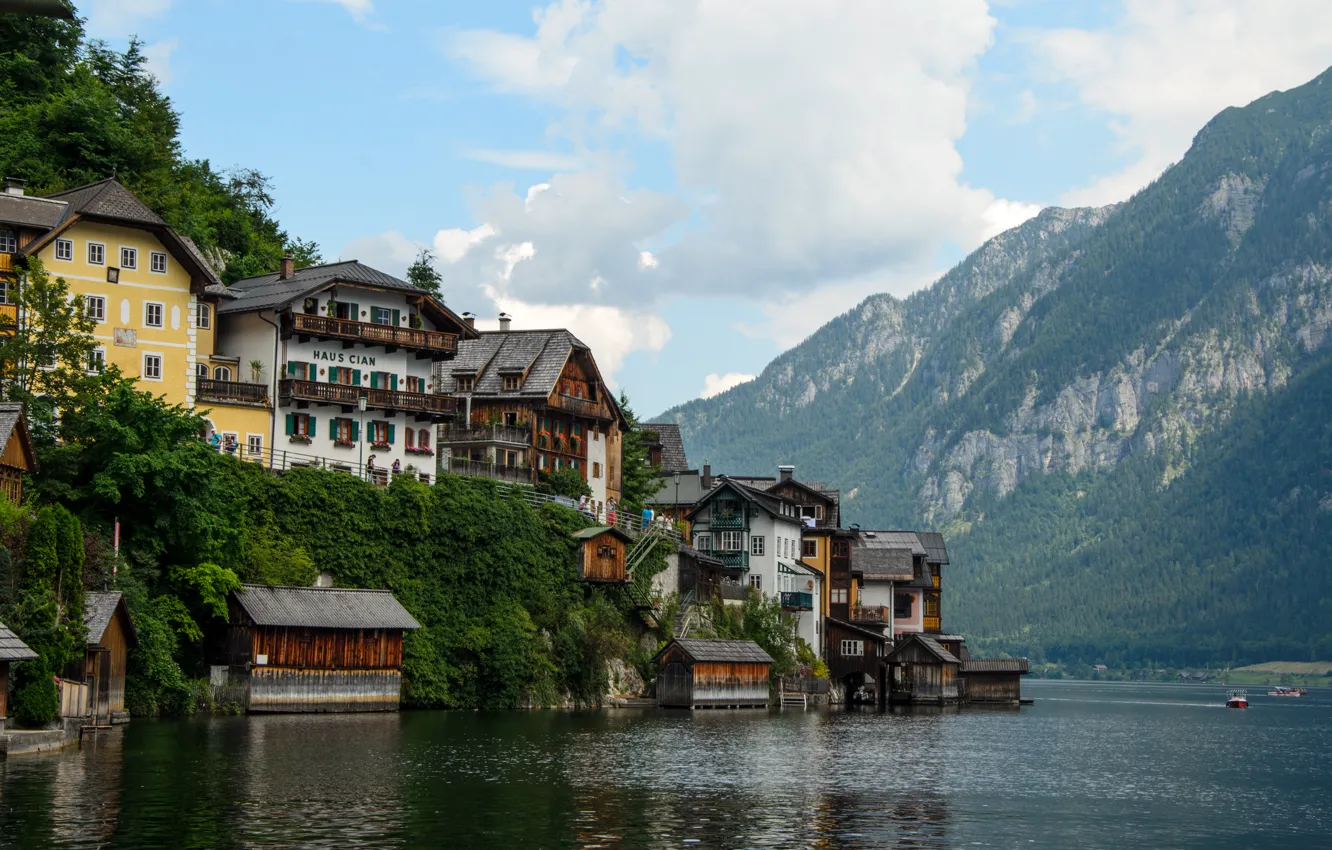 Фото обои озеро, здания, дома, Австрия, альпы, lake, Austria, Hallstatt