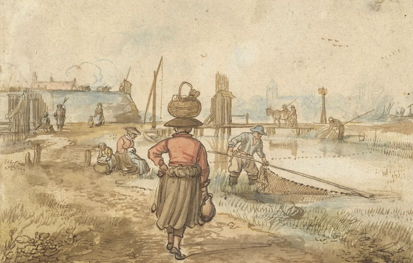 Фото обои рисунок, Хендрик Аверкамп, Hendrick Avercamp, 1595, Женщина с корзиной на голове