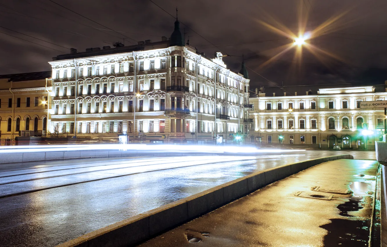 Фото обои дорога, ночь, огни, улица, Питер, фонари, Санкт-Петербург, night
