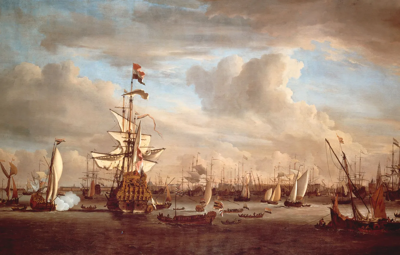 Фото обои корабли, картина, Виллем ван де Велде Младший, Willem van de Velde II, 'Золотой лев' Бывший …