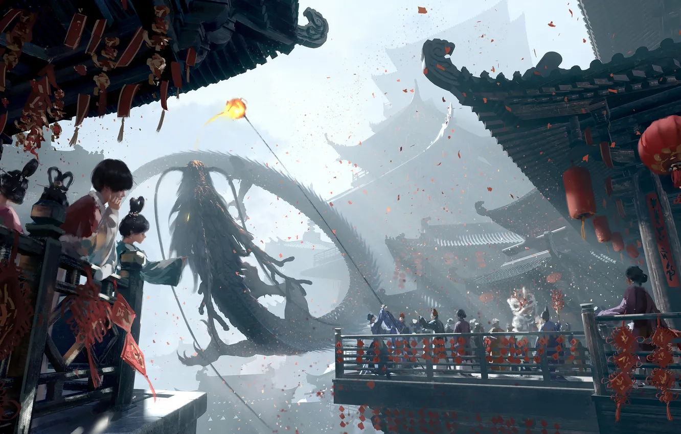 Фото обои China, fantasy, people, dragon, digital art, buildings, artwork, architecture