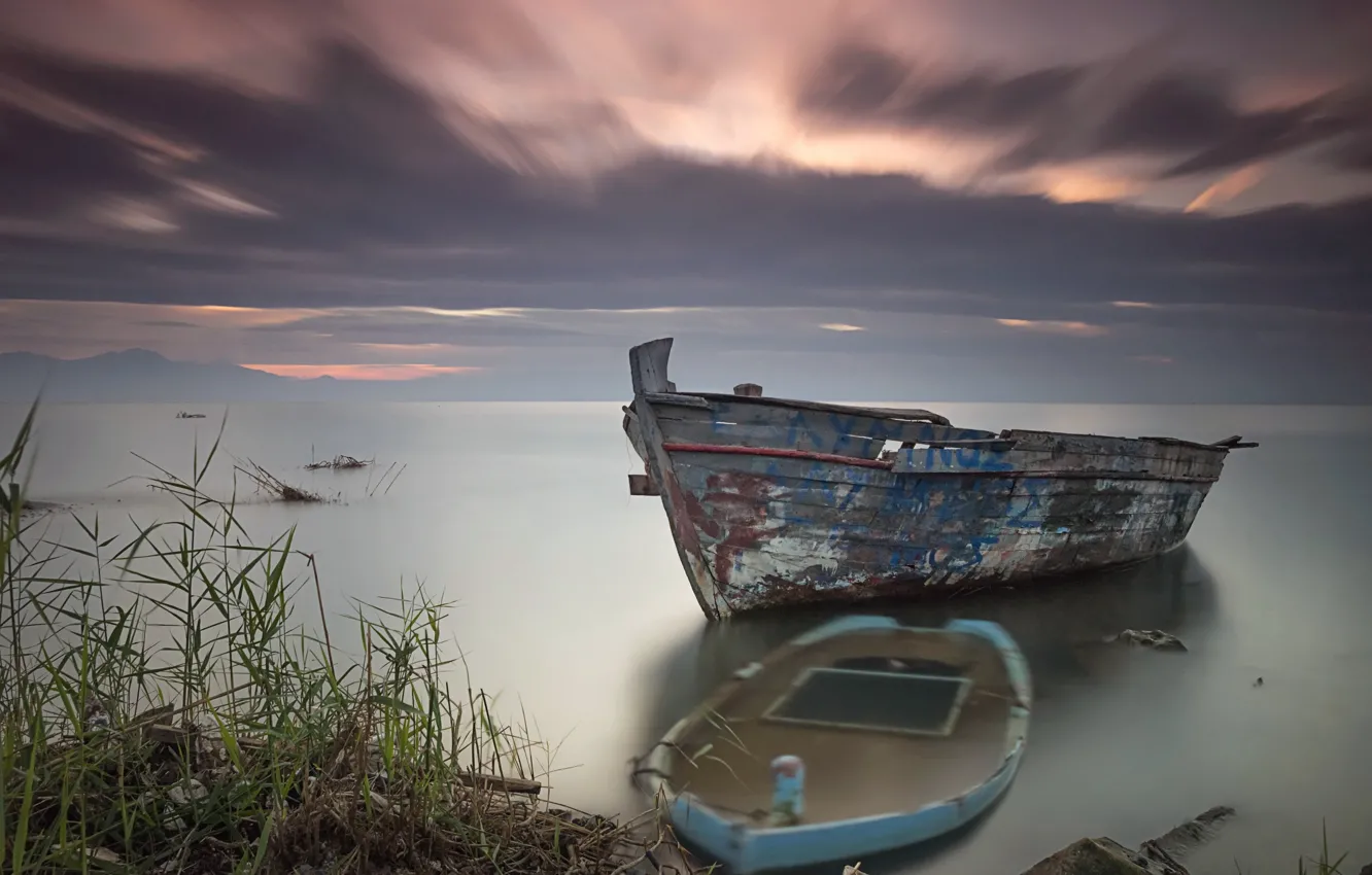 Фото обои закат, озеро, лодки