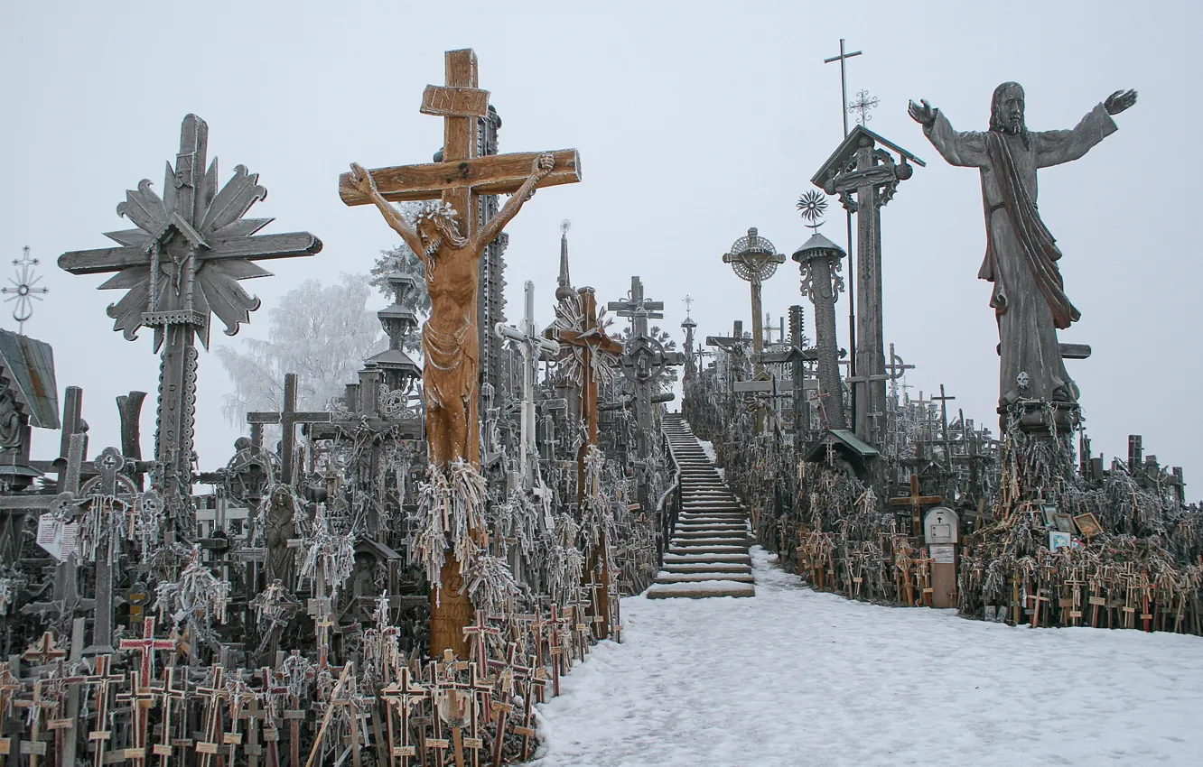 Фото обои зима, Lietuva, Hill of Crosses, Kryžių kalnas, Šiaulių raonas