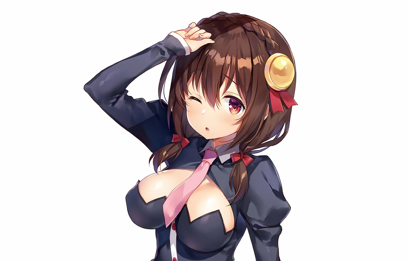Фото обои girl, sexy, cleavage, blouse, long hair, brown hair, boobs, anime