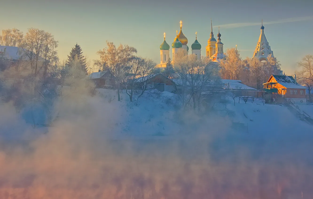 Фото обои зима, небо, деревья, природа, река, рассвет, дома, мороз