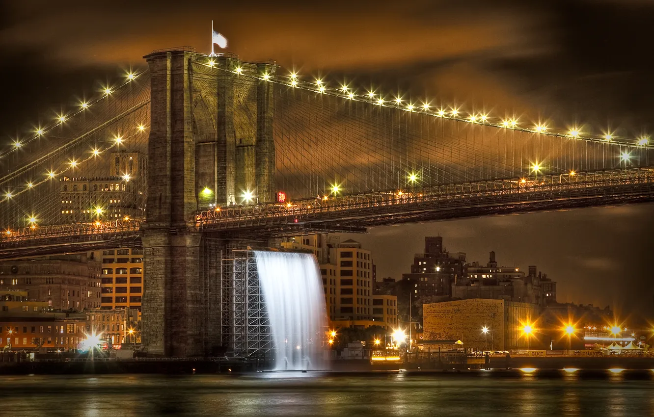 Фото обои ночь, мост, город, огни, водопад, нью-йорк