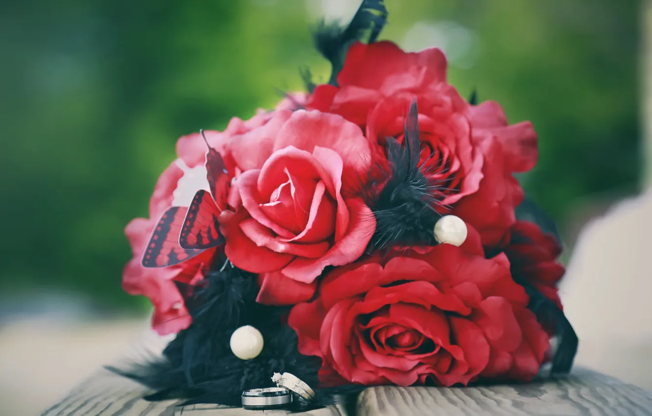 Фото обои розы, букет, кольца, красные