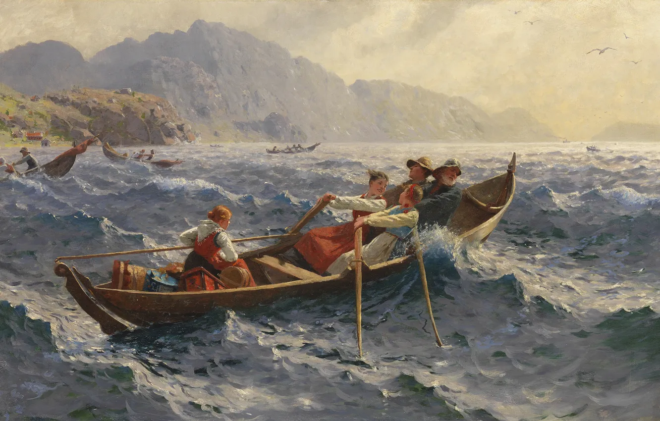 Фото обои норвежский живописец, 1900, Hans Dahl, Ханс Даль, Norwegian painter, Stürmische Überfahrt am Fjord, Бурный переход …