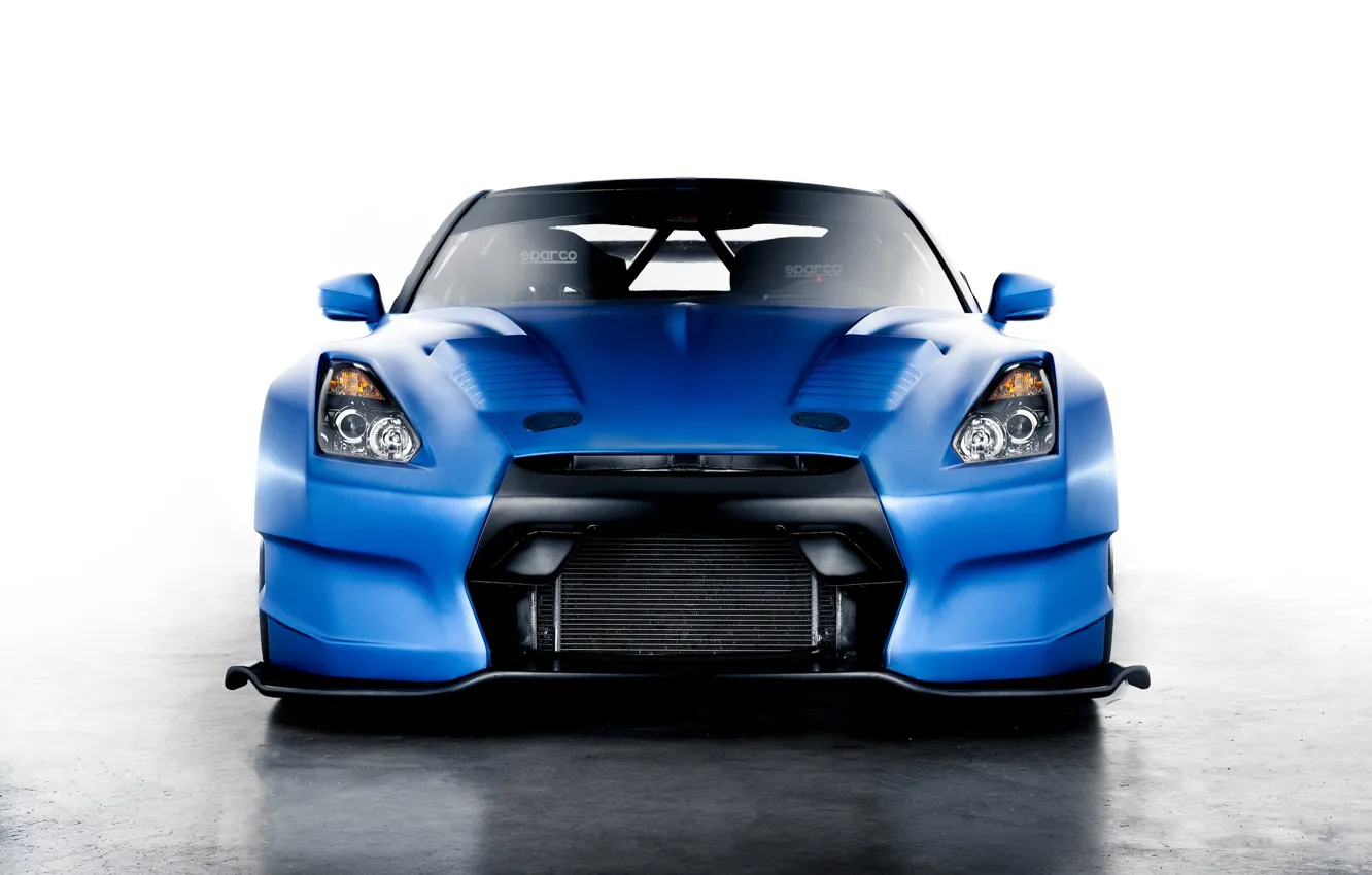 Фото обои синий, Nissan, GT-R, ниссан, blue, front, race car, обвес