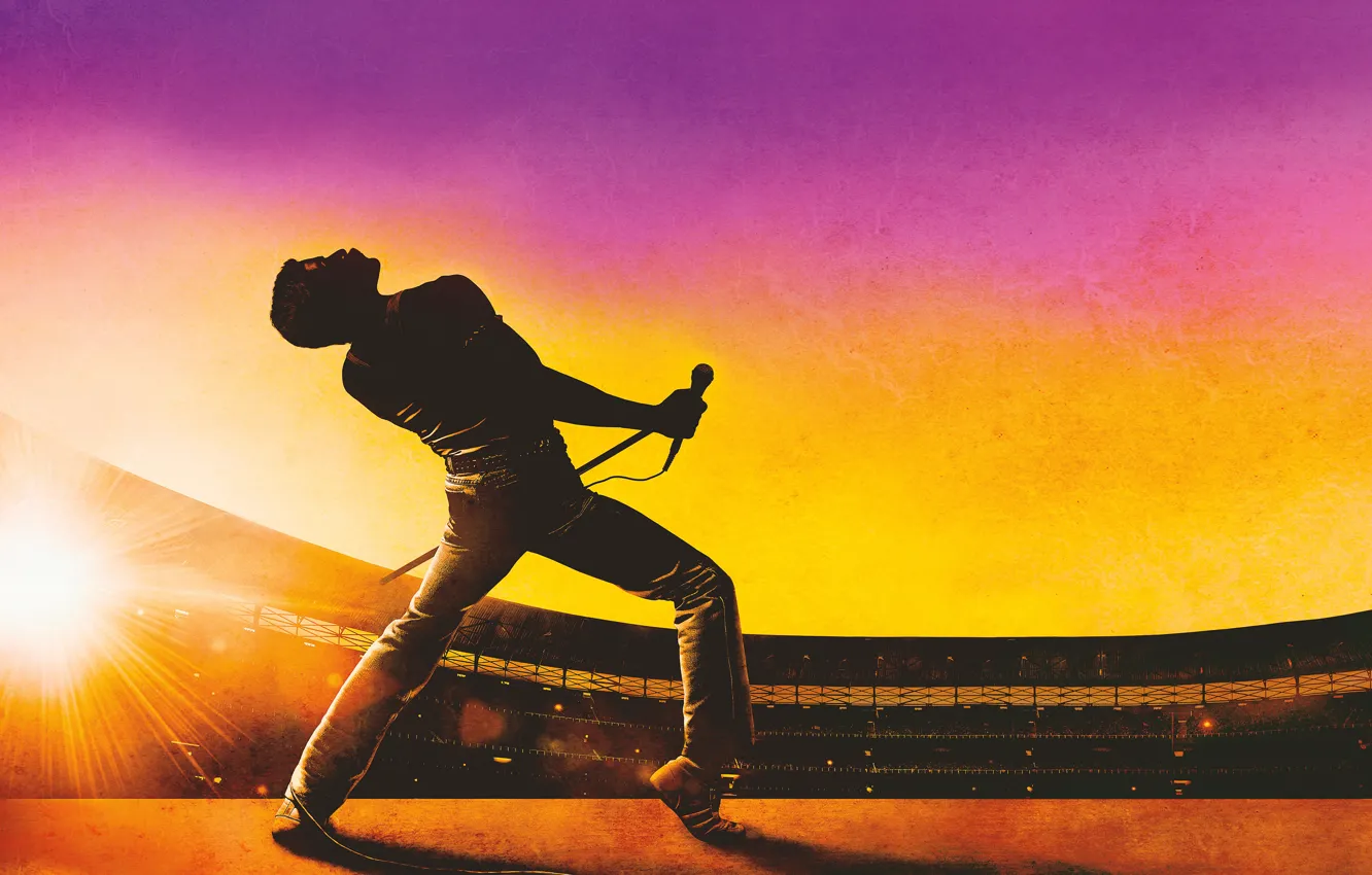 Фото обои концерт, Queen, стадион, Bohemian Rhapsody, Rami Malek, Рами Малек, Богемская рапсодия, Фрэдди Мэркури