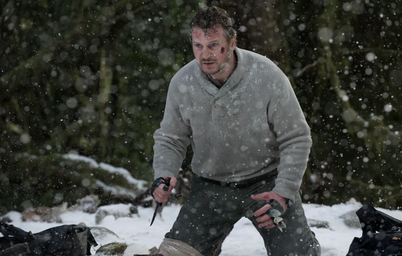 Фото обои зима, лес, снег, кадр, нож, Схватка, Liam Neeson, Лиам Нисон