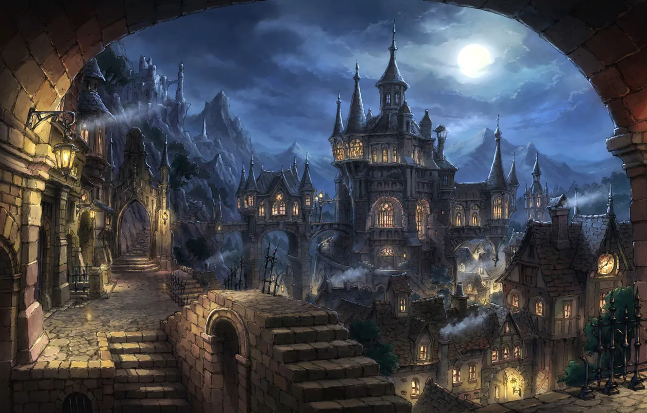 Фото обои горы, ночь, замок, часы, крыши, фонари, лестница, арка