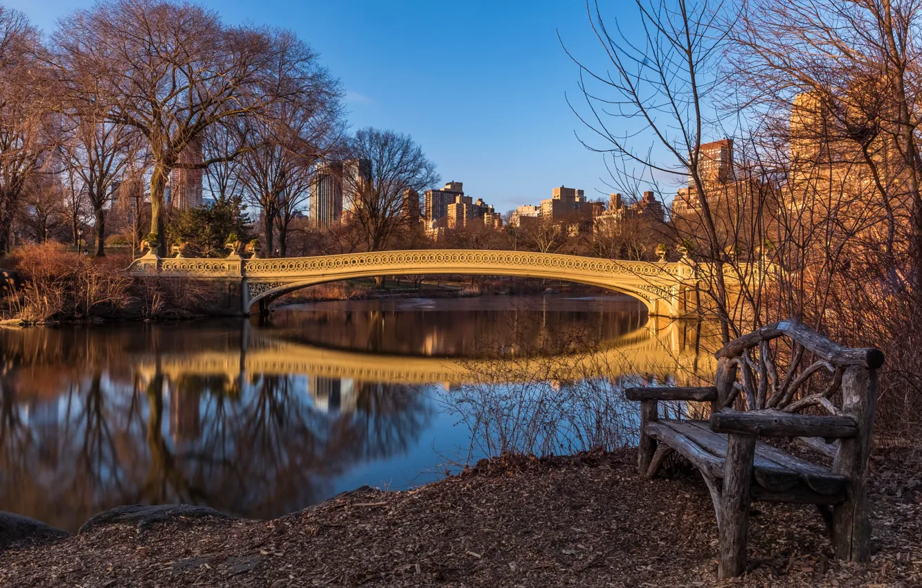 Фото обои мост, природа, город, здания, дома, Нью-Йорк, США, скамья