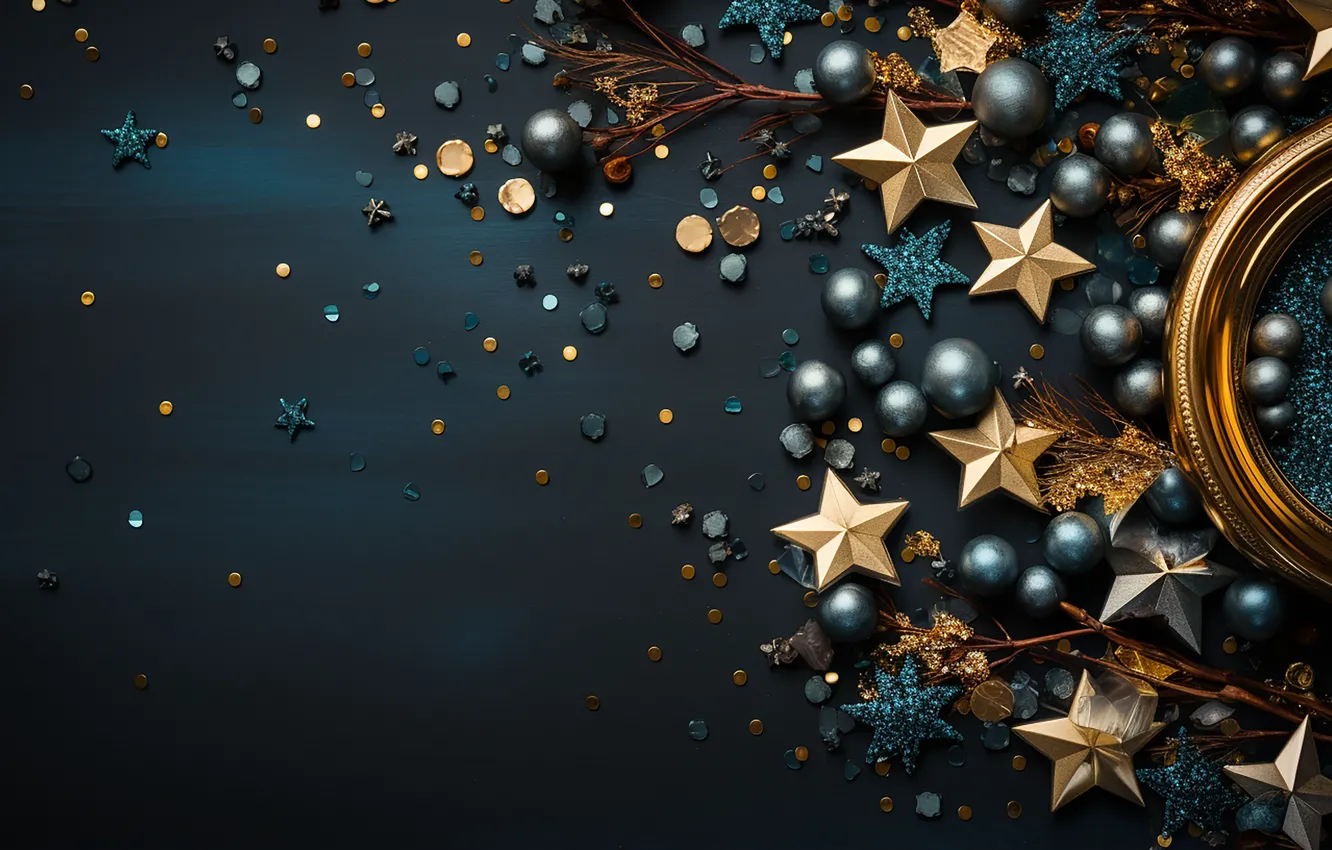 Фото обои украшения, темный фон, шары, Новый Год, Рождество, dark, golden, new year