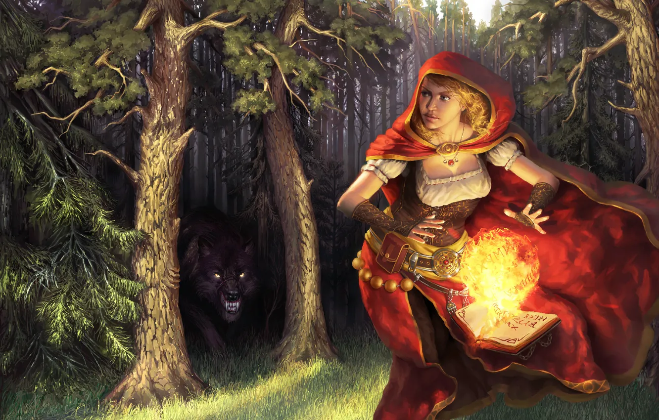 Фото обои лес, девушка, деревья, огонь, магия, шар, волк, хищник
