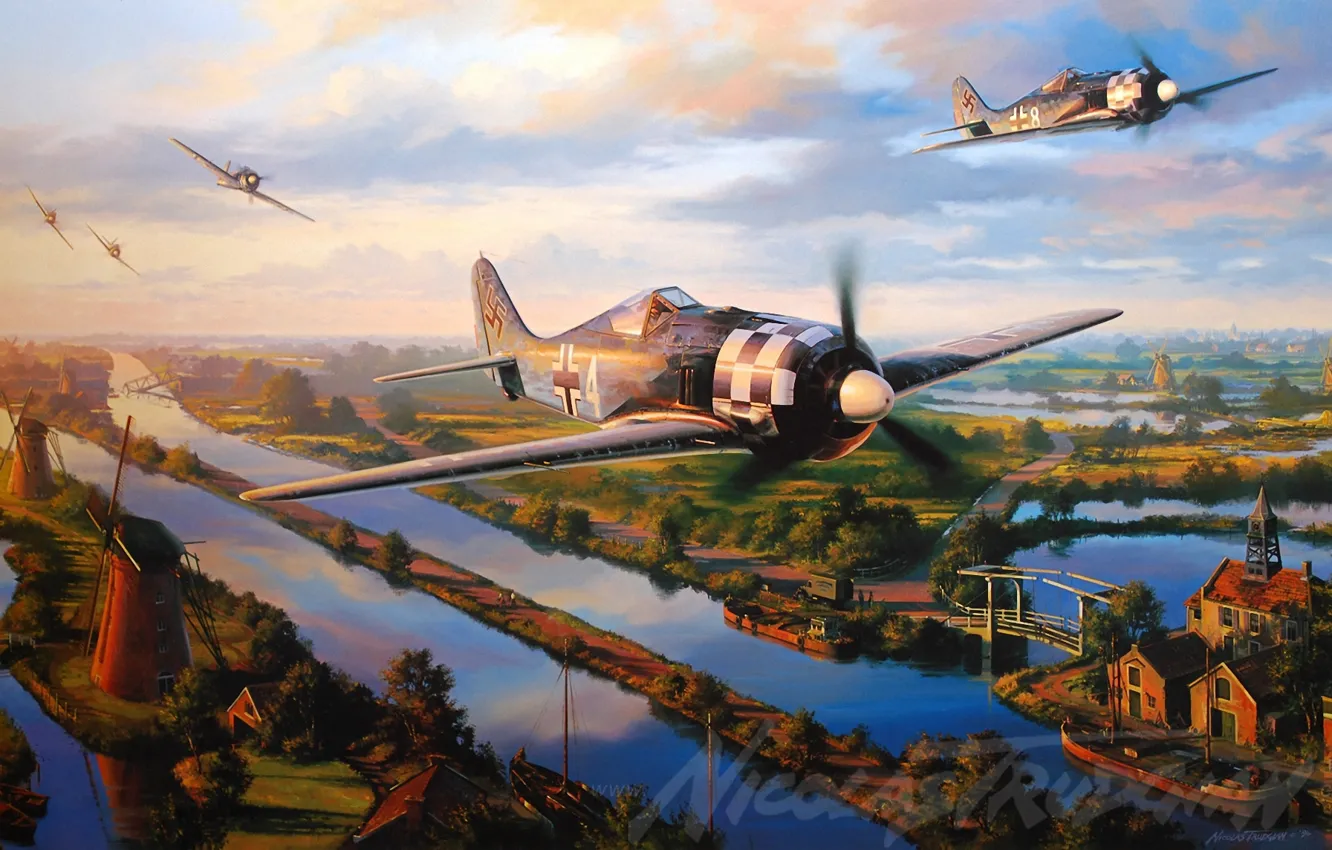 Фото обои aircraft, war, art, airplane, aviation, ww2, dogfight, fw 190