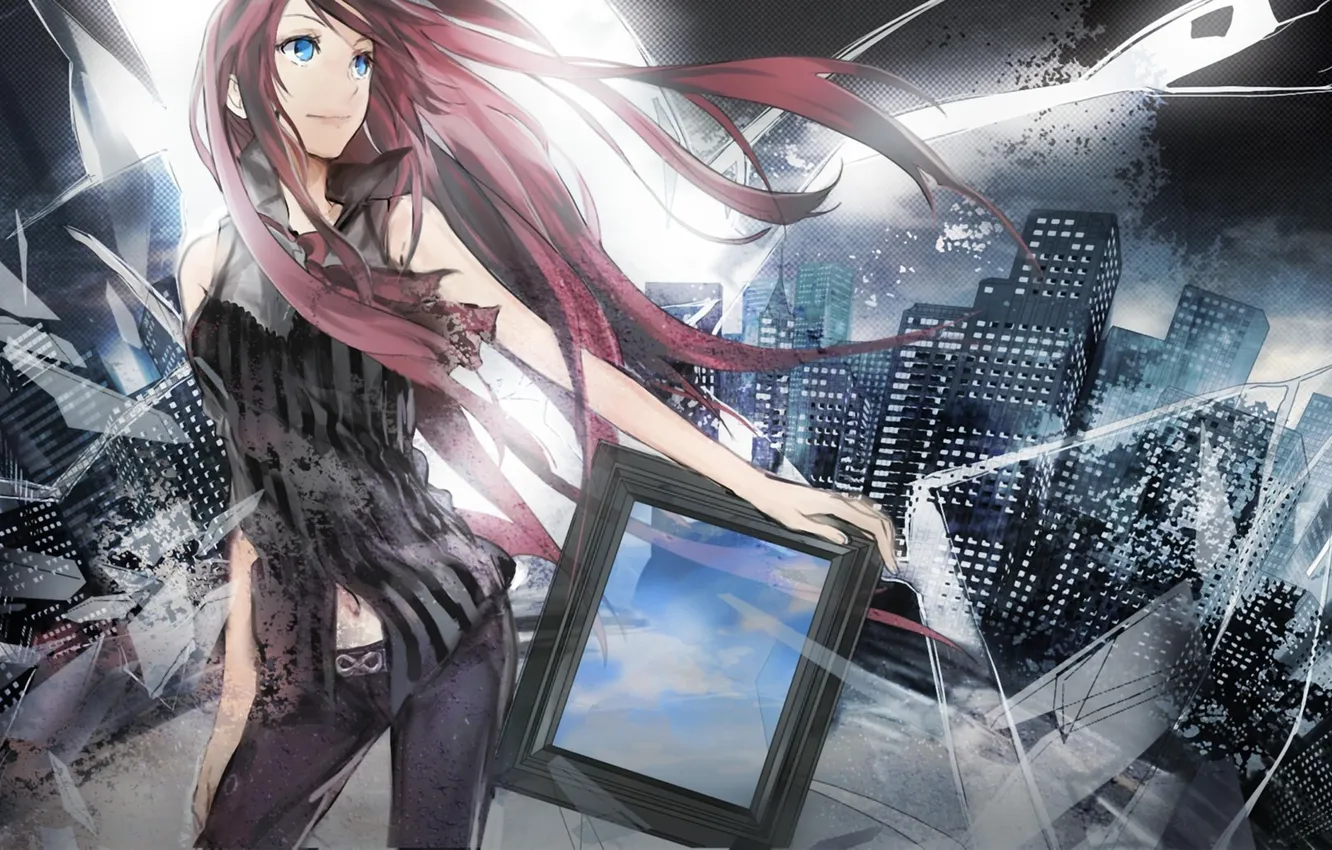 Фото обои девушка, абстракция, город, сюрреализм, рамка, арт, vocaloid, megurine luka