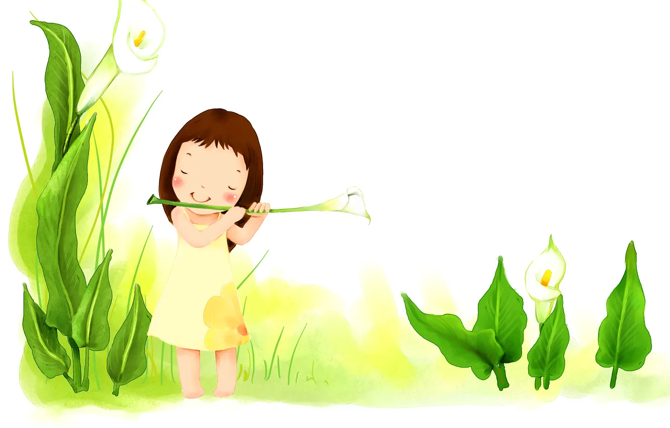 Фото обои трава, листья, цветы, улыбка, платье, девочка, детские обои