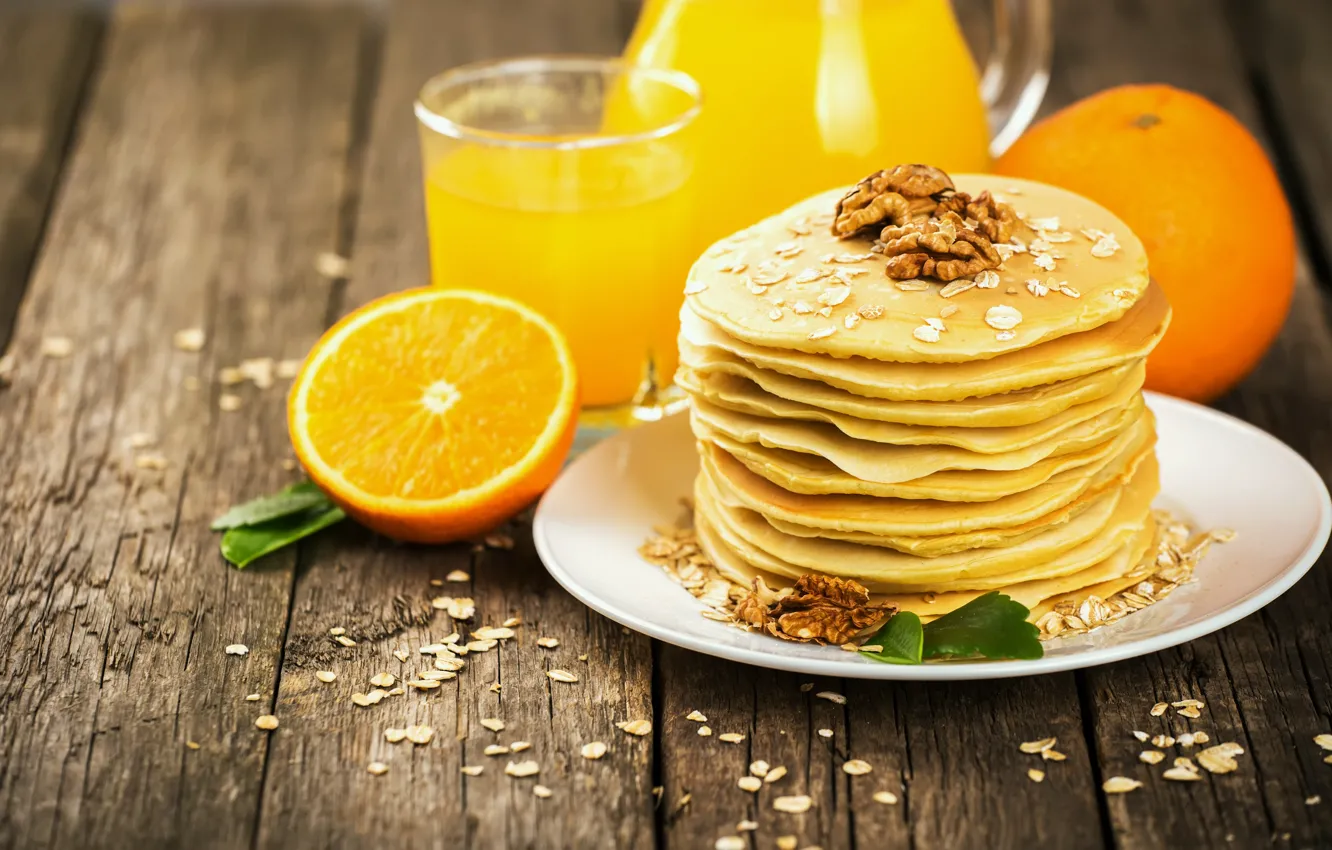 Фото обои завтрак, сок, Orange, блины, wood, fruit, апельсиновый, Nuts