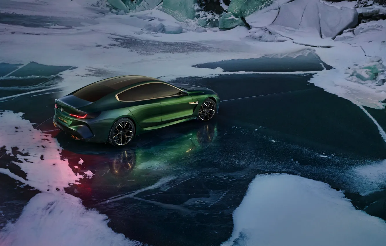 Фото обои снег, купе, лёд, BMW, мороз, 2018, M8 Gran Coupe Concept