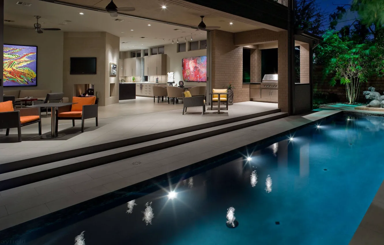 Фото обои интерьер, бассейн, освещение, кухня, гостиная, столовая, exterior, contemporary landscape and pool lap design