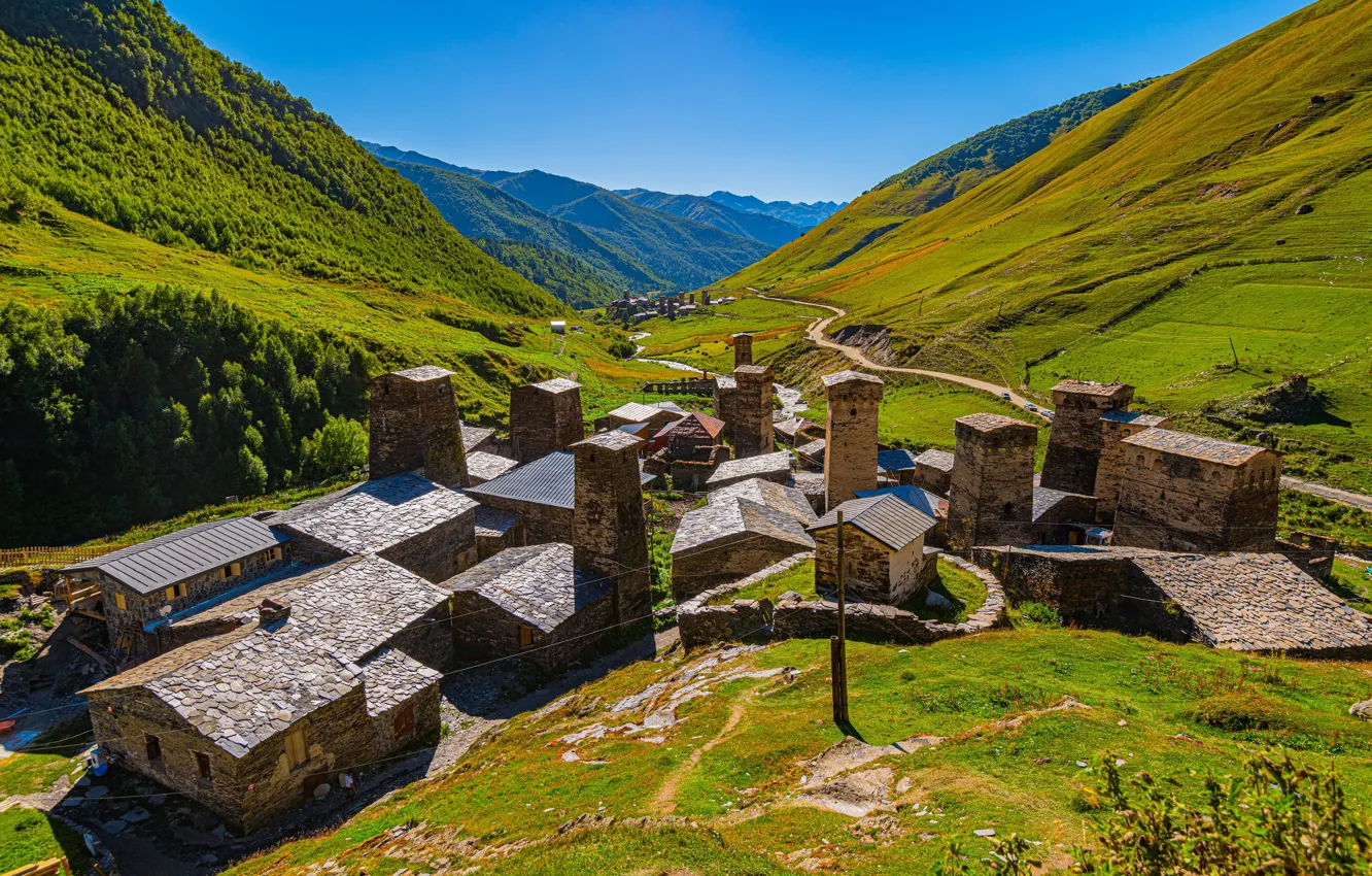 Фото обои горы, долина, Грузия, Svaneti, Ushguli village
