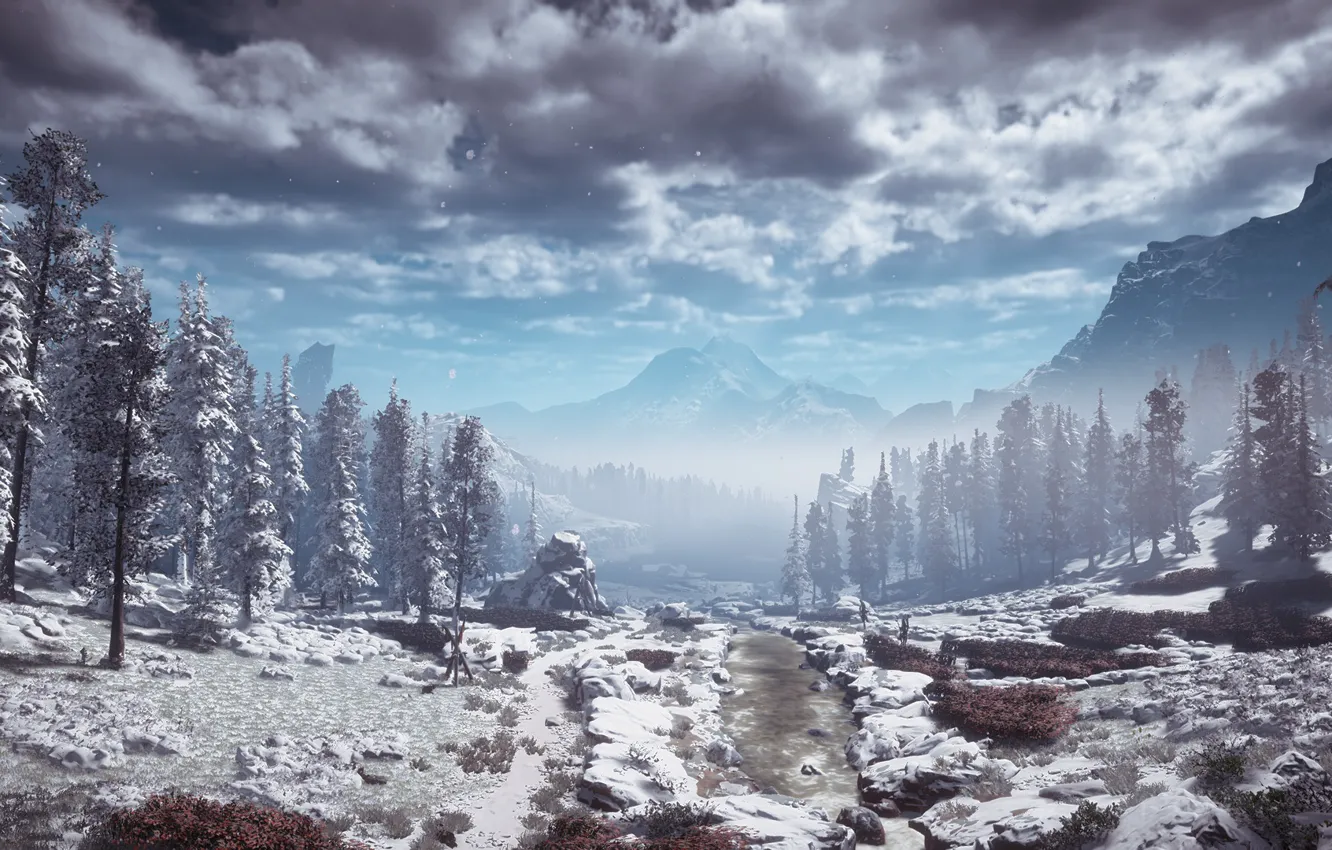 Фото обои пейзаж, горы, постапокалипсис, эксклюзив, Playstation 4, Guerrilla Games, Horizon Zero Dawn