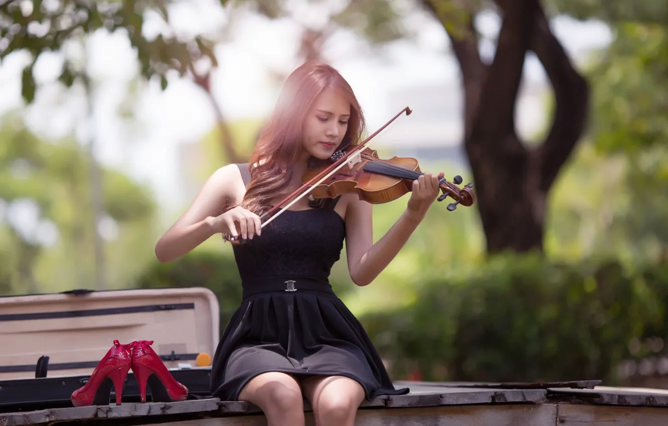 Фото обои music, girl, dress, photography, violin, Musician, playing, high heels