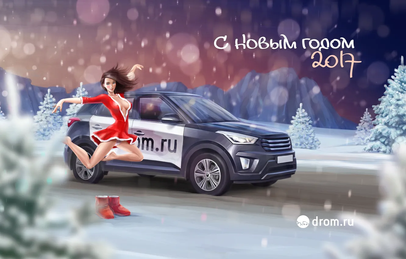 Фото обои девушка, снег, С Новым Годом, drom, дром, 2017, Хендай Крета, Hyundai Creta