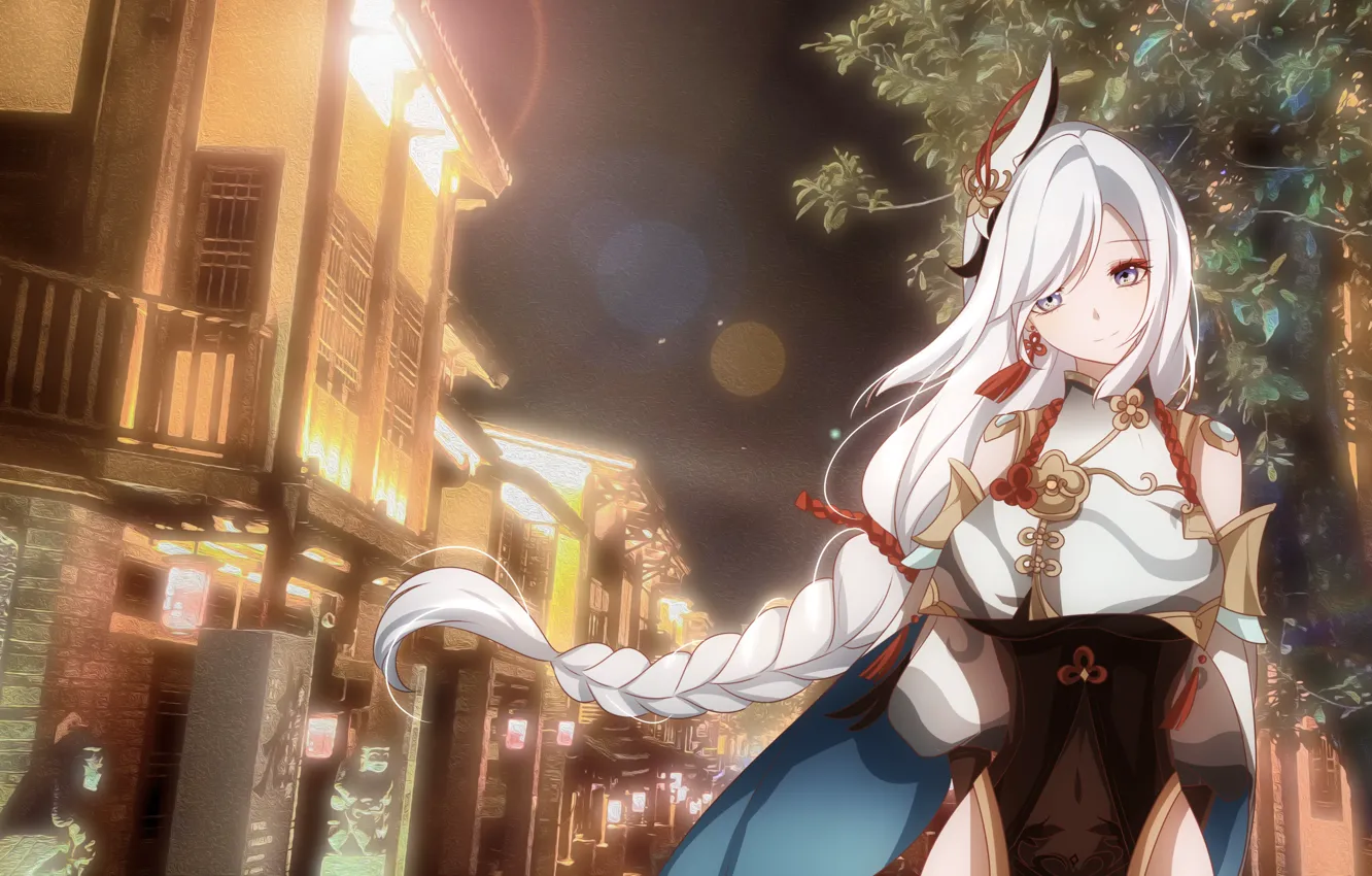 Фото обои девушка, улица, вечер, Genshin Impact, Shenhe
