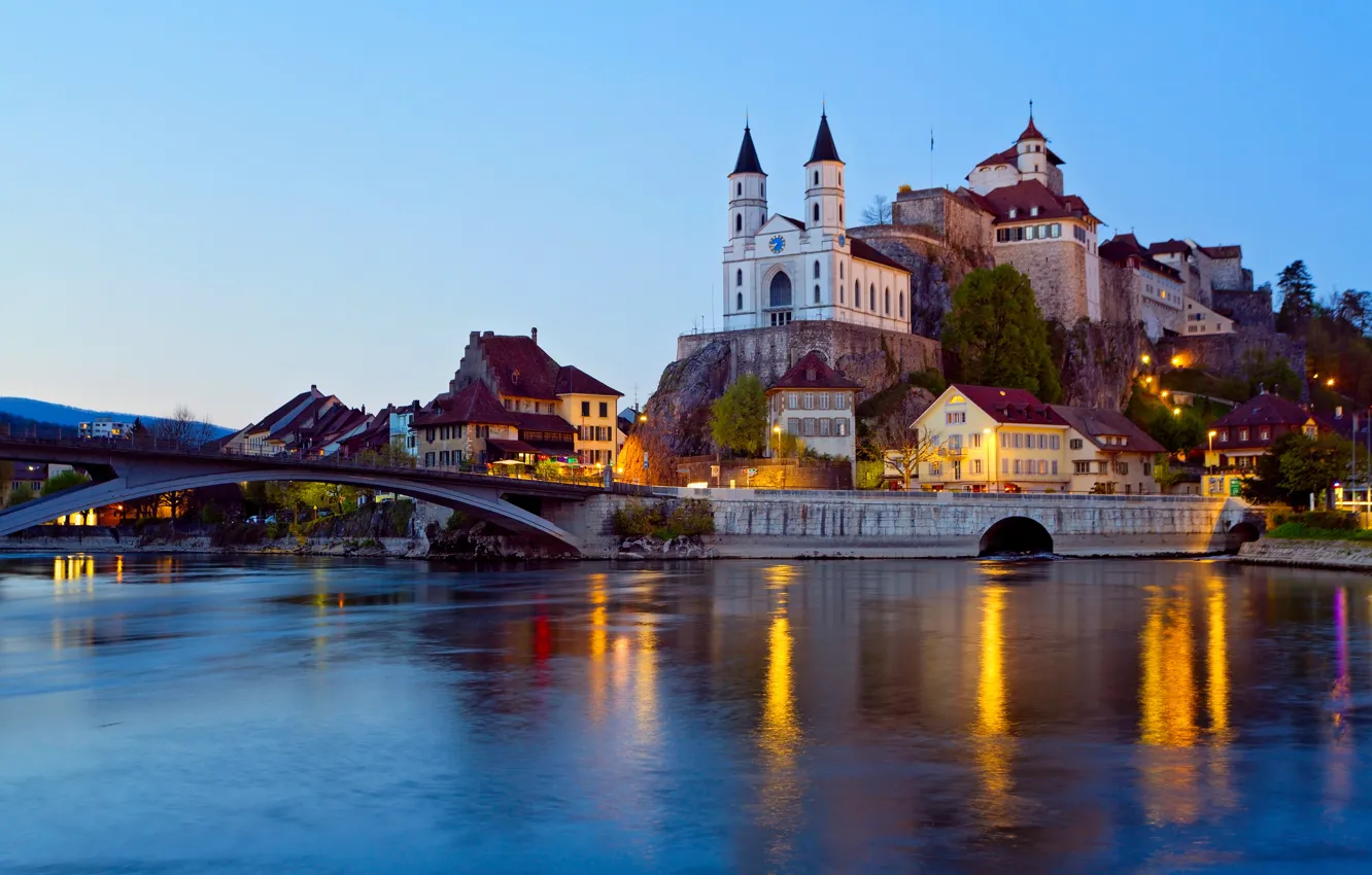 Фото обои мост, река, замок, вечер, Швейцария, подсветка, коммуна, Арбург