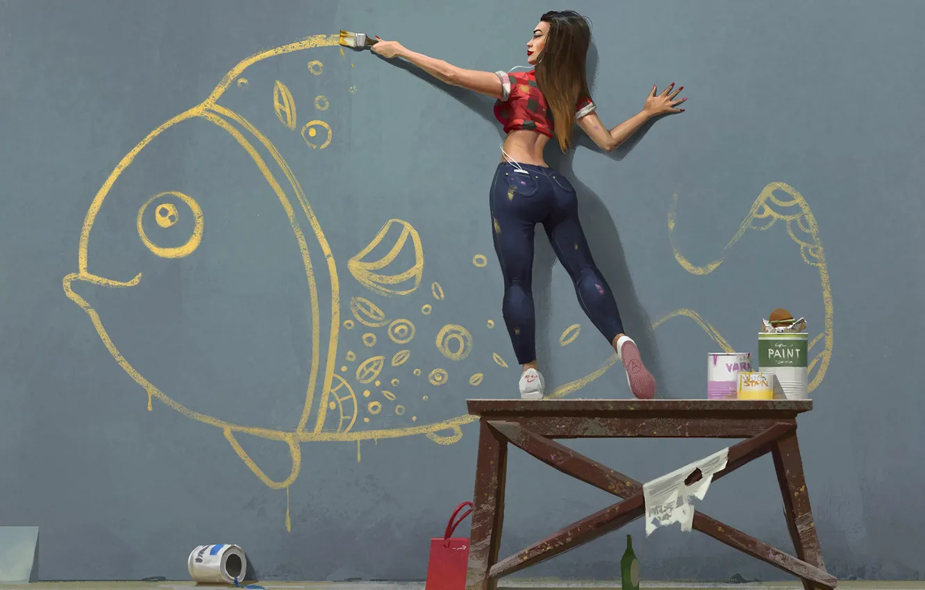 Фото обои девушка, стена, рисунок, рыба, кисть, рисует