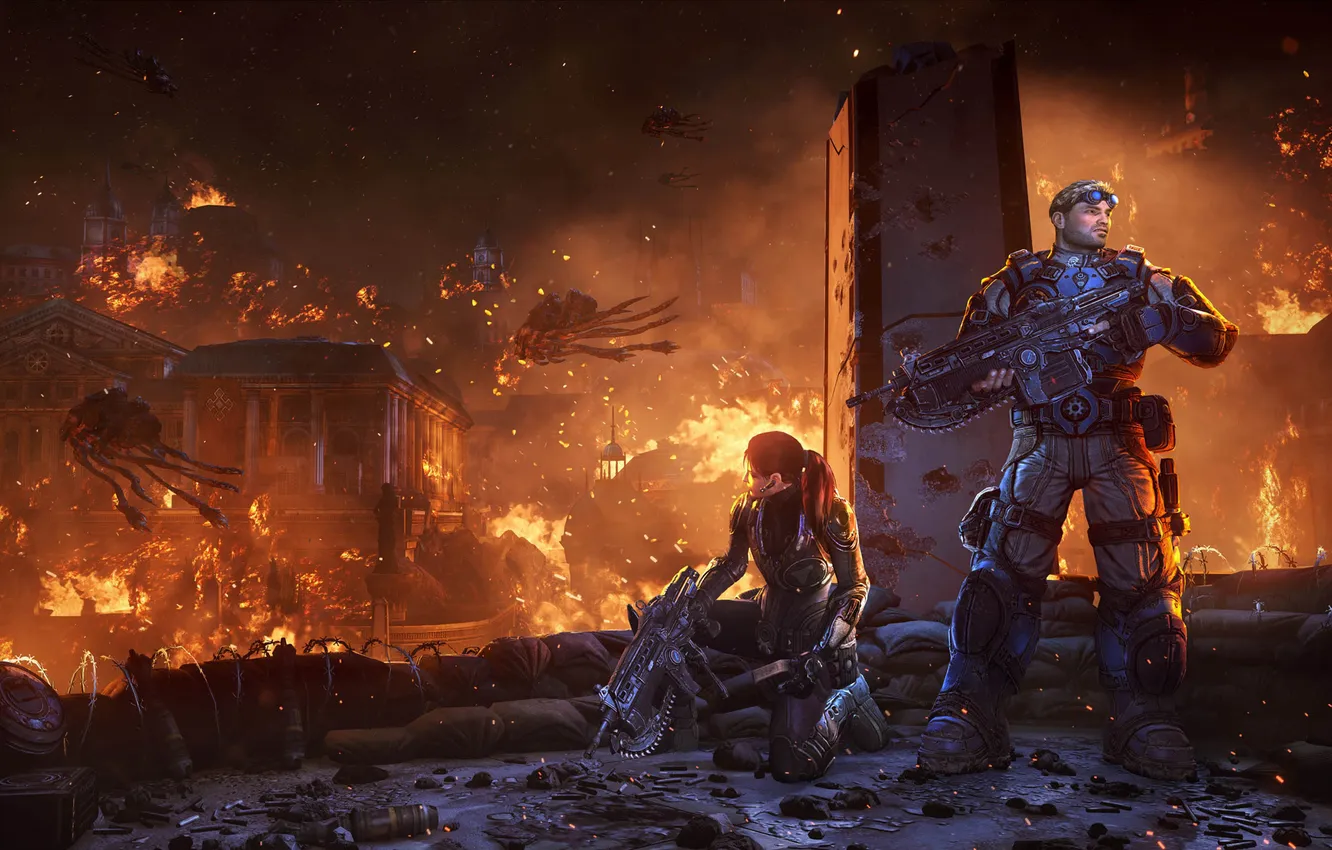 Фото обои девушка, город, оружие, огонь, монстры, солдаты, руины, парень