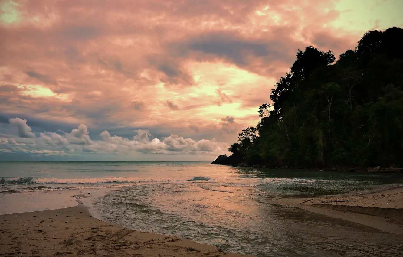 Фото обои песок, пляж, облака, закат, Карибское море, Тринидад, река Гранд-Ривьер